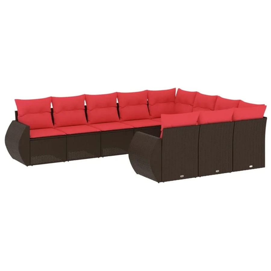 vidaXL 10-tlg. Gartensofa-Set in L-Form aus Polyrattan mit Kissen in Braun und Rot - Bild 2