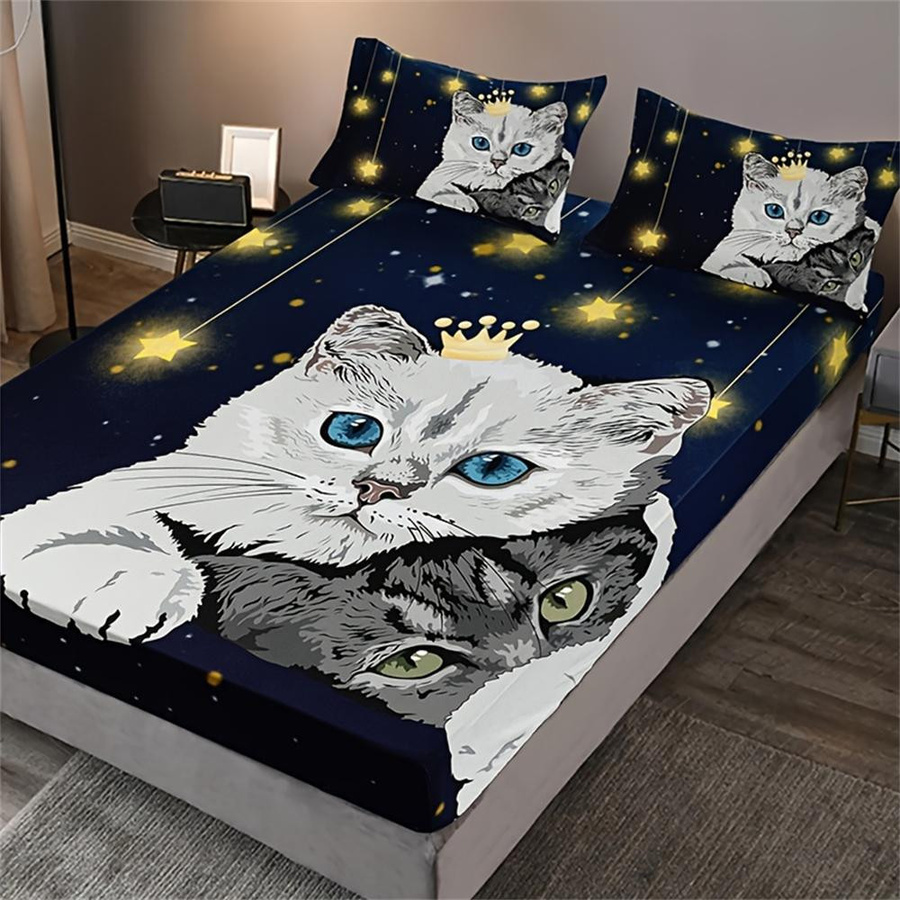 3-teiliges Spannbettlaken-Set mit Katzen-Print und Sternenhimmel-Design, weich und atmungsaktiv, B/T/H: 90 x 190 x 25 cm - Bild 3