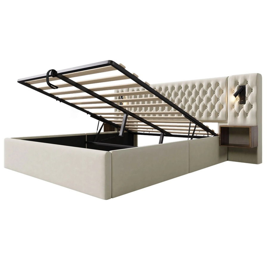 okwish Polsterbett Beige mit hydraulischem Stauraum, USB-Anschluss und integriertem Leselicht, B/T/H: 180 x 200 x 261 cm - Bild 2
