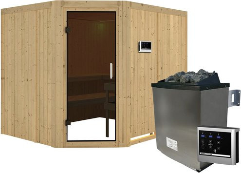 Karibu Sauna Haapsalu aus Fichtenholz in Beige mit 9 kW Saunaofen und externer Steuerung für 4 Personen, B/T/H: 231 x 198 x 196 cm - Bild 1