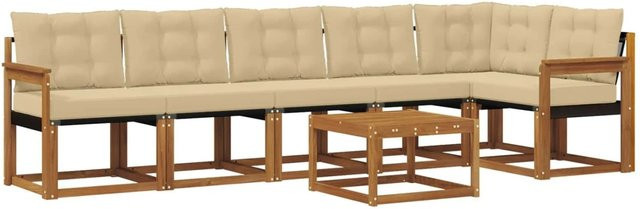 vidaXL Outdoor-Sofagarnitur 7-teilig aus Akazienholz mit Kissen in Natur und Beige, L-Form mit Textilene und Armlehnen - Bild 1
