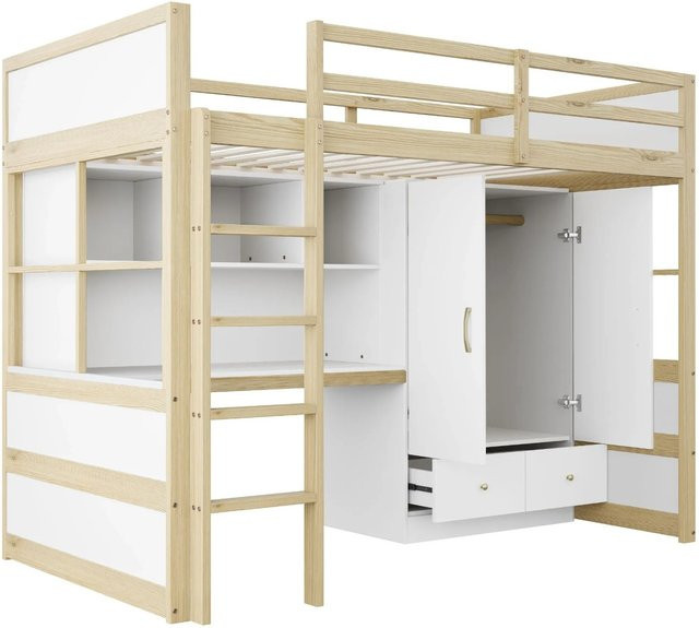 Merax Hochbett mit Schreibtisch und Schrank in Weiß und Kiefernholz, B/T/H: 204,5 x 90 x 174 cm - Bild 1