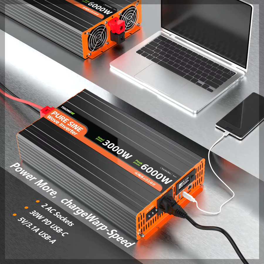 YULONGNE DC 12V zu AC 230V Reiner Sinus-Wechselrichter mit EU-Steckdose und LCD-Fernbedienung, Schwarz - Bild 4