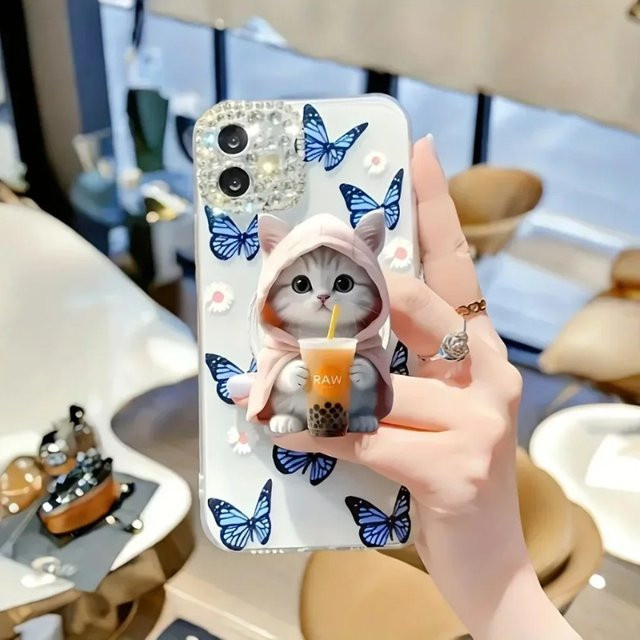 XIKCU Katzen Bubble Tea Handyhalter aus Acryl als faltbarer Finger-Griff und Handyständer für iPhone, Samsung und Xiaomi - Bild 1
