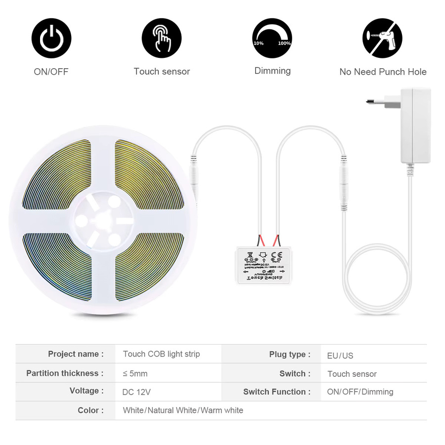 CHNAITEKE 12V COB LED Streifen mit Touch Sensor und Dimmfunktion in Weiß für Badezimmer und Schminktisch - Bild 2