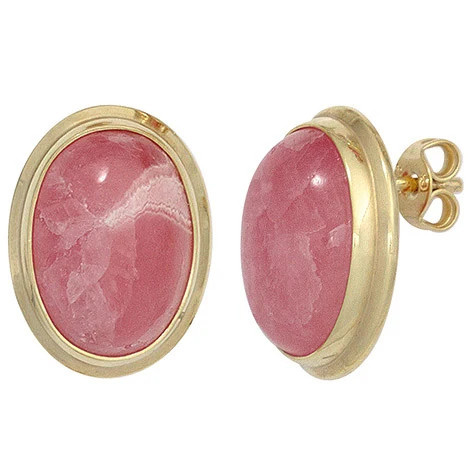 Colfem Ohrstecker oval, 585 Gelbgold, 2 Rhodochrosite, rosa, Unisex - Bild 1