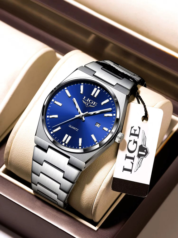 LIGE Armbanduhr Quarz, Edelstahl, Blau, Silber, Herren - Bild 7