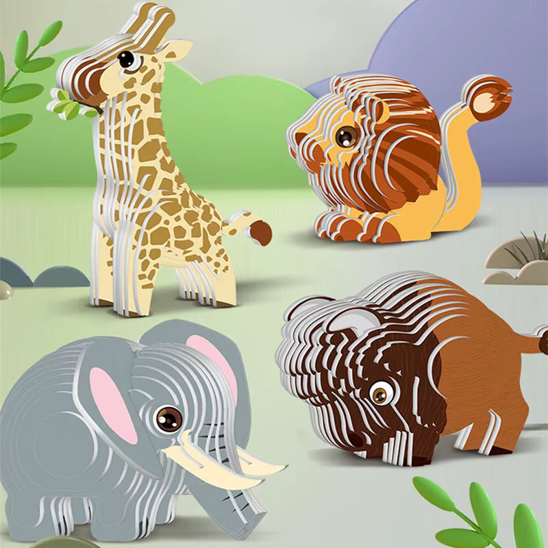 Cartoon-Tier 3D-Papierpuzzle, Löwe Elefant, Montagemodell, Pappe / Karton - Bild 1