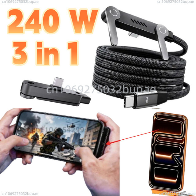 2-in-1 Unsichtbarer Klappbarer Telefonhalter mit 240W Schnellladung und USB-C Datenkabel in Schwarz für iPhone 15 16 17 Pro Max - Bild 1