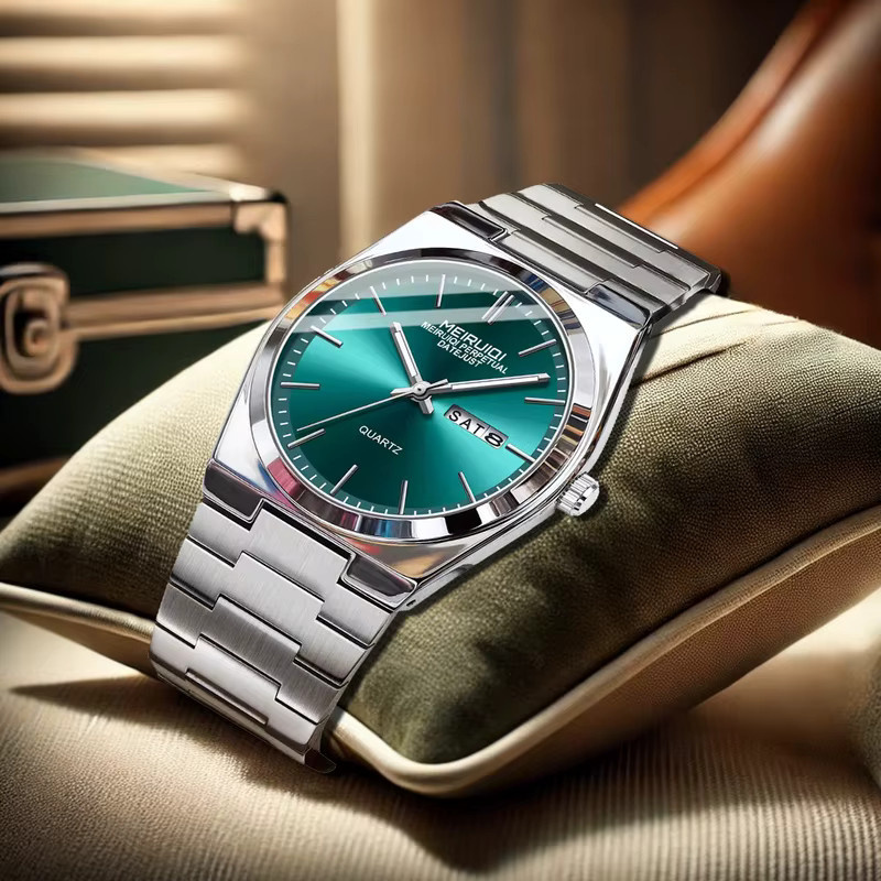 MEIRUIQI Armbanduhr Quarz, Edelstahl, Silber, Grün, Herren - Bild 3