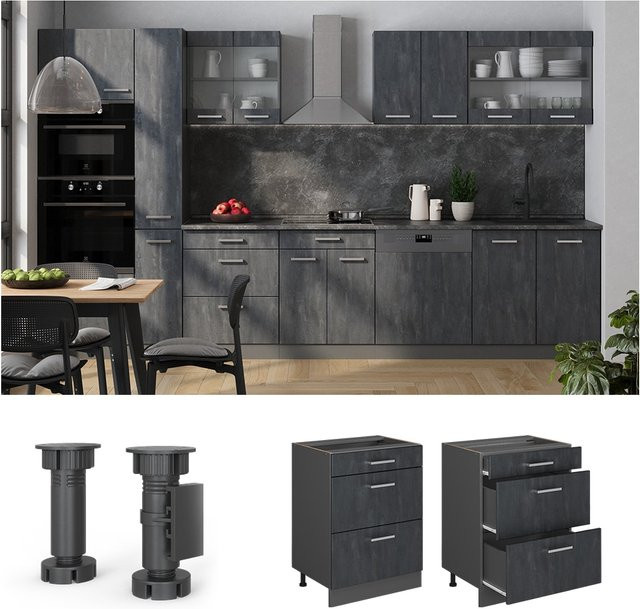 Vicco Küchenunterschrank R-Line mit Schubladen in Schwarz Beton und Anthrazit, Breite: 60 cm - Bild 1