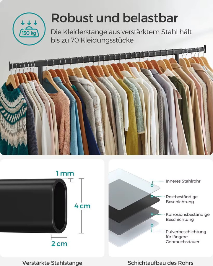 SONGMICS Kleiderständer aus Metall mit Rollen, moderner Garderobenständer mit durchgehender Kleiderstange, belastbar bis 130 kg - Bild 3