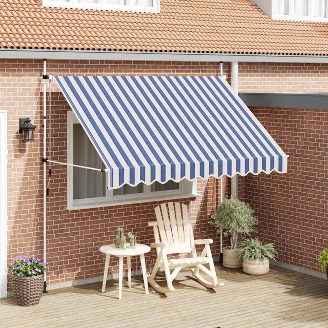 furnicato Einziehbare Markise handbetrieben aus Polyester, Blau/Weiß Gestreift, Breite: 300 cm - Bild 1