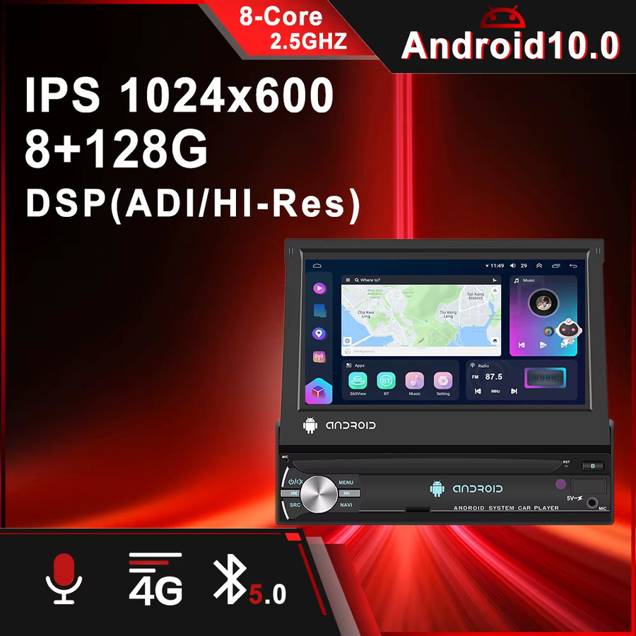 Podofo 1Din Autoradio mit ausziehbarem Bildschirm, Android Auto und Carplay, 8+128G, GPS-Navigation, WLAN, 4G, FM/AM/RDS, DVR, Schwarz - Bild 2