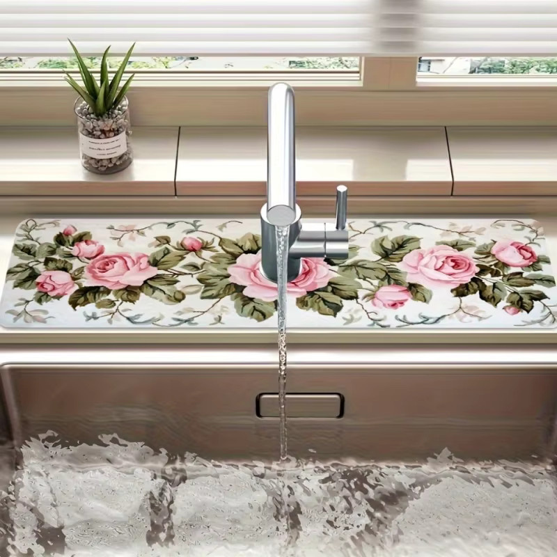 VIKAMA Spülbeckenmatte im Vintage Rosen-Design in Rosa, Abtropfmatte für die Küchenarmatur im französischen Landhausstil - Bild 3