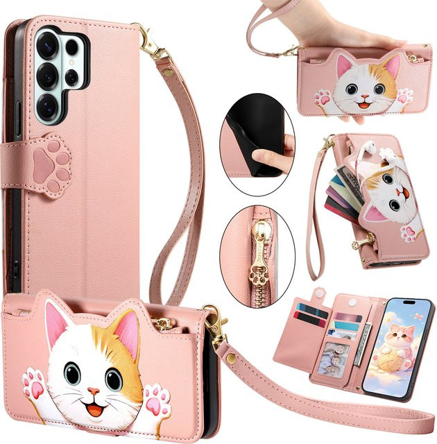 Lederhülle mit Riemen und Reißverschluss für Samsung Galaxy S26 Ultra S25 Edge S24 S22 Plus S23 FE A57 A27 A37 A56 A36 A55 mit Karten- und Handyfach in Grün und Pink - Bild 1