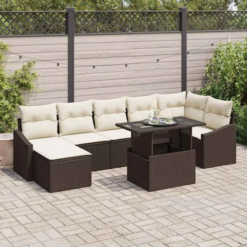 8-teiliges Garten-Sofa-Set aus Polyrattan und Stahl von vidaxl in Braun mit beigen Kissen als Loungemöbel - Bild 1