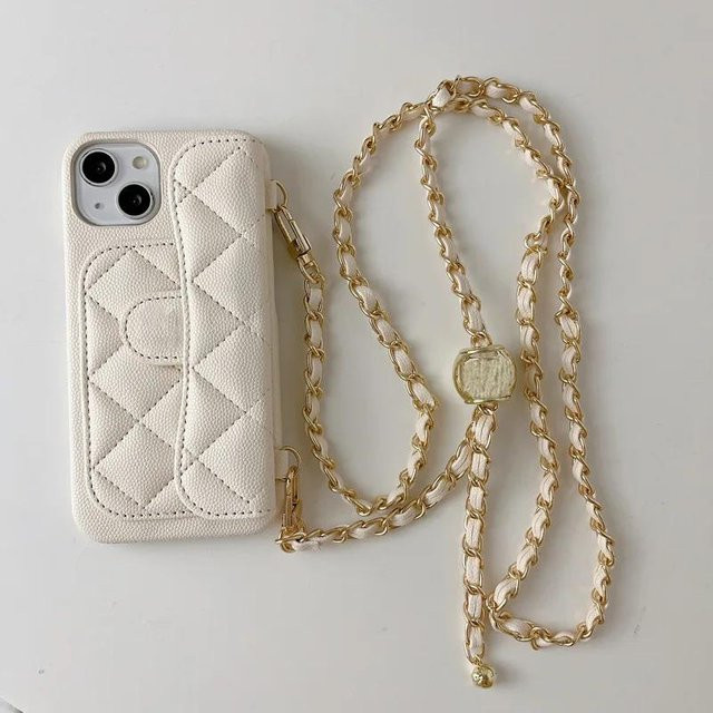 Crossbody Handyhülle aus Leder für Apple iPhone 15 14 13 12 Pro Max mit Kartenhalter und Geldbörse sowie verstellbarem Lanyard in Weiß - Bild 1