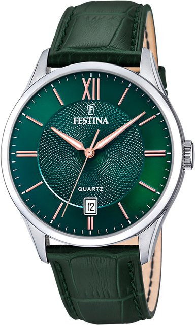 Festina Herrenuhr, Quarz, Edelstahl, Leder, Grün, 43 mm, 5 ATM - Bild 1