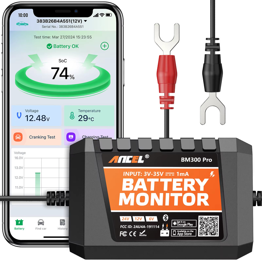 ANCEL BM300 Pro Batterie-Monitor 24V und 12V Batterietester mit SOC Batteriezustands-Analysator in Schwarz - Bild 2