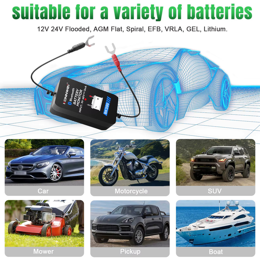 Konnwei BK300 Bluetooth Batterie Monitor für 12V und 24V, Wellenform Batterie Tester in Schwarz - Bild 2
