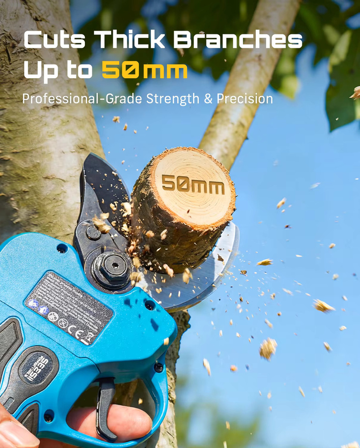 Seesii Elektrische Astschere mit 50mm SK5 Bypass-Klingen, 2 Gänge, Blau, für Makita LXT Akku mit LCD-Display - Bild 3