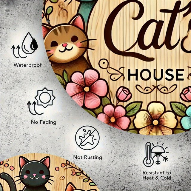 Potdemiel Wanddekoration Katzenhaus rundes Metallschild mit Cartoon-Katze und Typografie, Durchmesser: 19,99 cm, Mehrfarbig - Bild 1