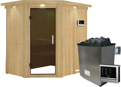Karibu Sauna Vijandi aus Fichtenholz in Beige mit 9 kW Saunaofen und externer Steuerung für 3 Personen, B/T/H: 210 x 165 x 202 cm - Bild 1