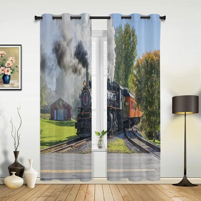 Halbtransparenter Vorhang mit Zug- und Eisenbahn-Motiv für Wohnzimmer, Küche oder Kinderzimmer, Haushalt Supplies MH, Mehrfarbig, Breite: 135 cm, Höhe: 60 cm - Bild 1