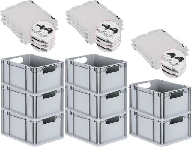 PROREGAL Spar Set 8x Eurobox Nextgen Economy mit Scharnierdeckel und schwarzen Schiebeschnappverschlüssen, Grau, H x B x T: 22 x 30 x 40 cm, 20 Liter - Bild 1