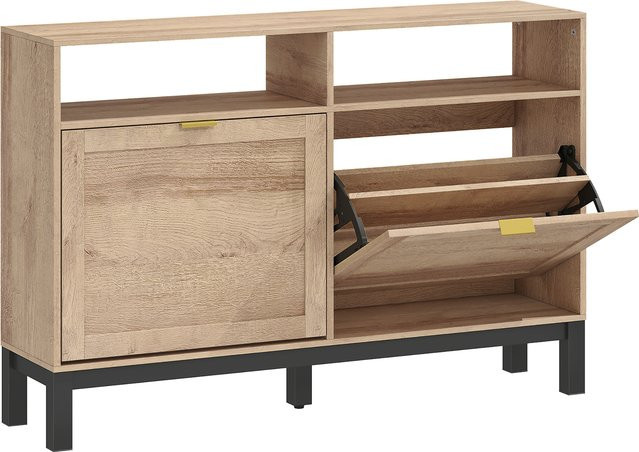 HOMCOM Slim-Schuhschrank aus Holz in Nussbaumfarbe mit 2 Klappen und offenen Regalen für 8 Paar Schuhe - Bild 1