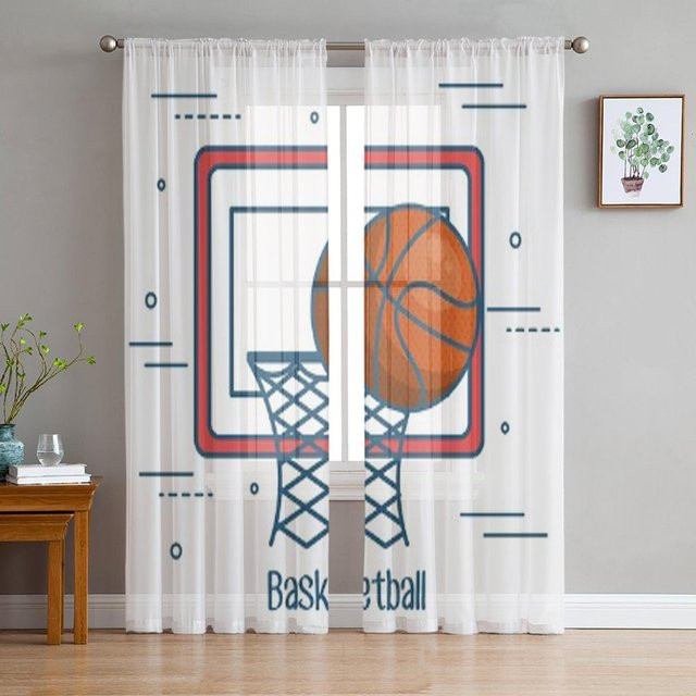 Transparente Tüll-Vorhänge mit Basketball- und Ball-Motiv von Your Warm Home in Weiß, Breite: 135 cm, Höhe: 114 cm - Bild 1