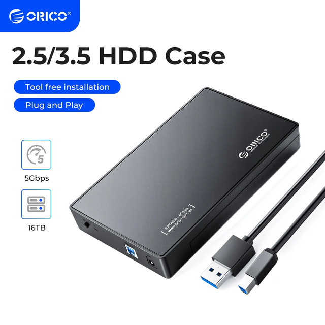 ORICO USB 3.0 externes Festplattengehäuse für 3,5 und 2,5 Zoll SATA HDD oder SSD bis zu 20 TB, werkzeuglose Installation, Schwarz - Bild 1
