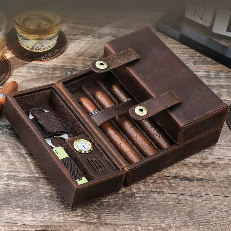 Cattabby Zigarren-Humidor aus echtem Rindsleder mit Hygrometer und Befeuchter, braun - Bild 2