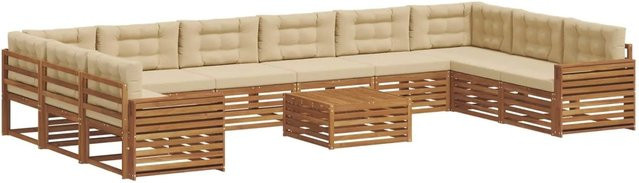 vidaXL Sofagarnitur 11-teilig in U-Form aus Massivholz Akazie, Farbe Natur-Beige, mit Polsterung und Kissen - Bild 1