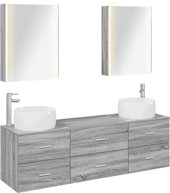 vidaXL Badezimmermöbel-Set 5-teilig in Grau Sonoma, modern mit Spiegelschrank, Wandschrank und Waschtischunterschrank aus Holz und Glas mit LED-Beleuchtung - Bild 1