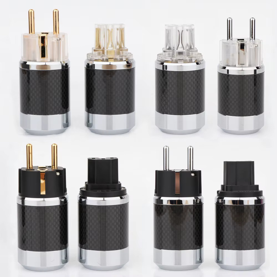 Preffair EU-Schuko-Stecker Paar in Schwarz mit Kohlefaser-Optik, 2-polig, Gold/Rhodium-beschichtet, DIY Netzadapter - Bild 2