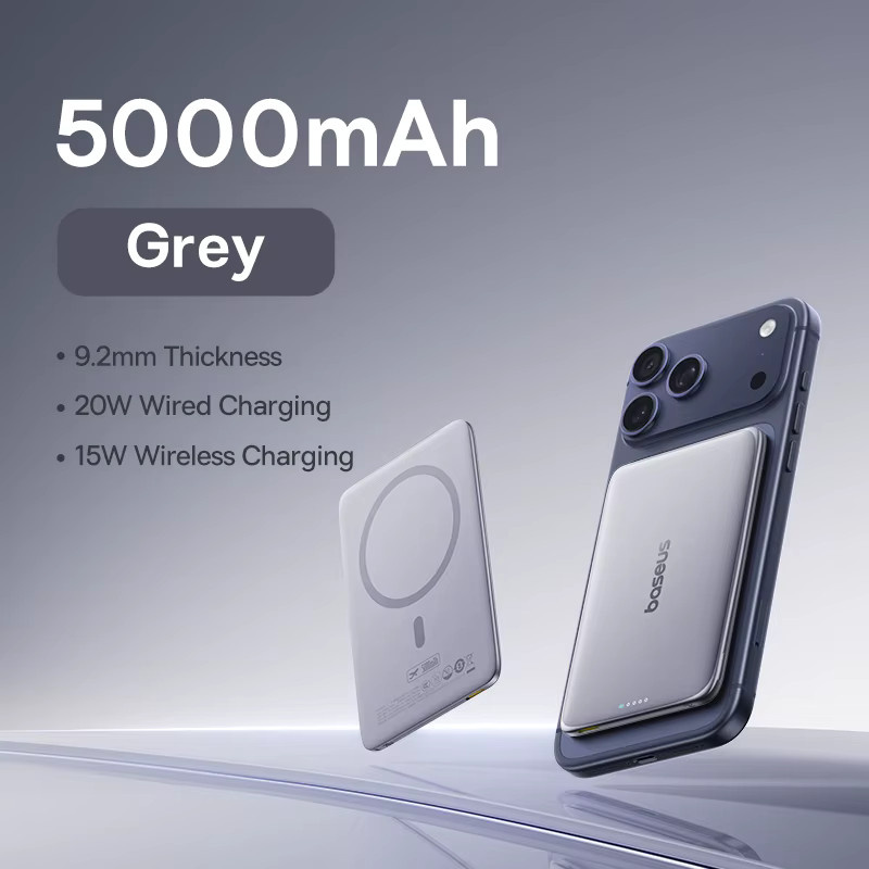 Baseus Magnetische Powerbank 5000 mAh in Grau, kabelloses 15 W Laden und kabelgebundenes 20 W Laden, schlankes Design für iPhone und Samsung - Bild 6