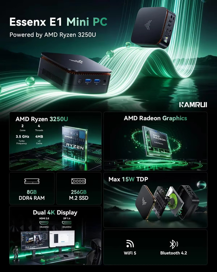KAMRUI E1 Mini-PC mit AMD Ryzen 3250U, 8GB RAM, 256GB ROM, Windows 11 Pro, WiFi5, Dual 4K Ausgang, Schwarz - Bild 2