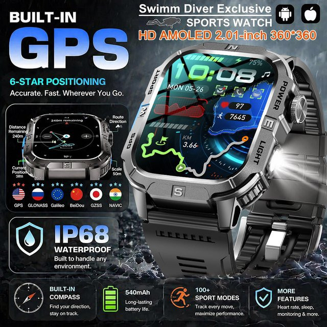GUHUAVMI Smartwatch, Schwarz, GPS, Silikon, 2,01 Zoll - Bild 1