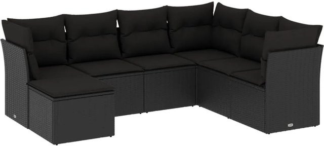 vidaXL 7-tlg Garten-Sofagarnitur in L-Form aus Polyrattan mit Kissen, Schwarz - Bild 1