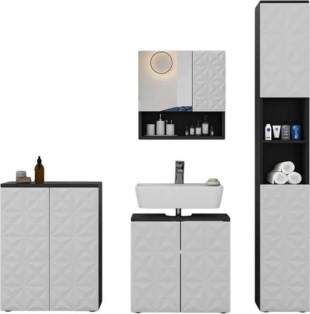 Vicco Badmöbel-Set Edge modern in Schwarz und Weiß, 4-teiliges Badezimmer-Set bestehend aus Spiegelschrank, Hochschrank, Waschbeckenunterschrank und Kommode - Bild 2