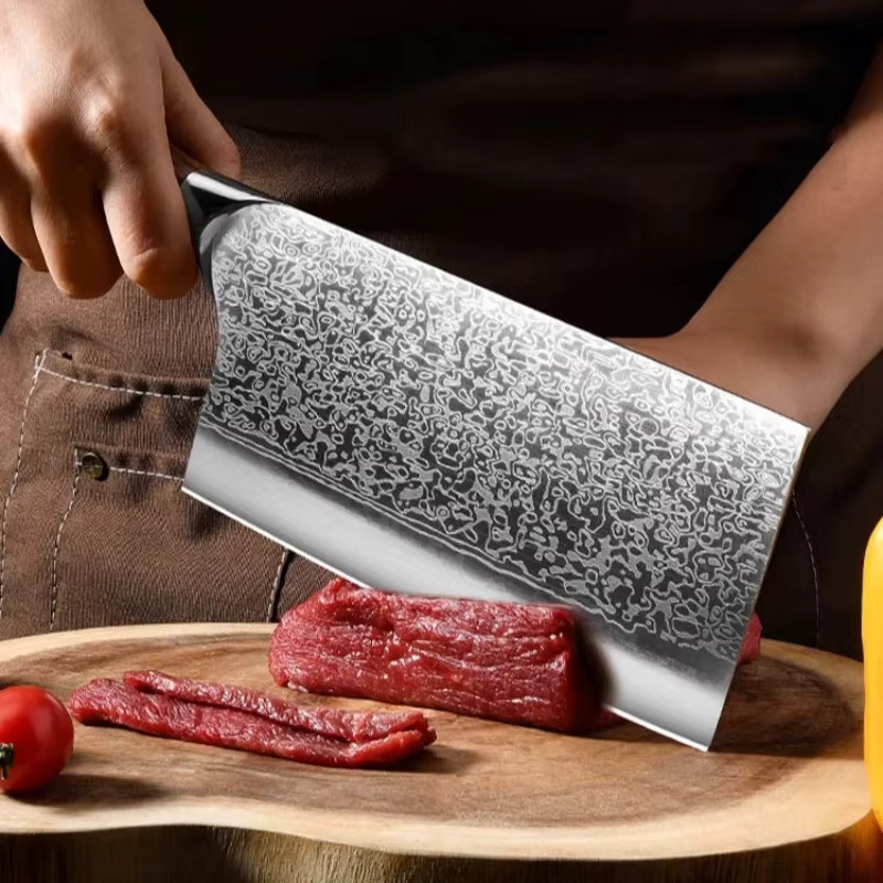 PLYS Damast Stahl Küchenmesser Cleaver mit Holzgriff in Silber - Bild 2