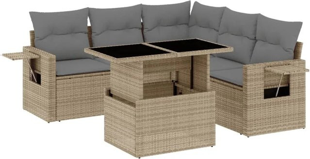 vidaXL 6-tlg. Garten-Sofagarnitur in L-Form aus Poly-Rattan mit Kissen in Beige - Bild 1