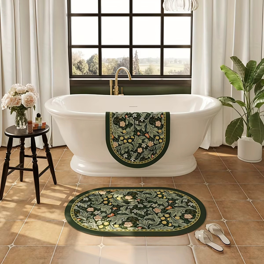 VIKAMA Badematte aus Kieselgur-Erde in Grün, ovale rutschfeste Bodenmatte, schnell trocknend und wasserabsorbierend, Design Nature Floral, Breite: 60,0 cm, Tiefe: 40,0 cm - Bild 2