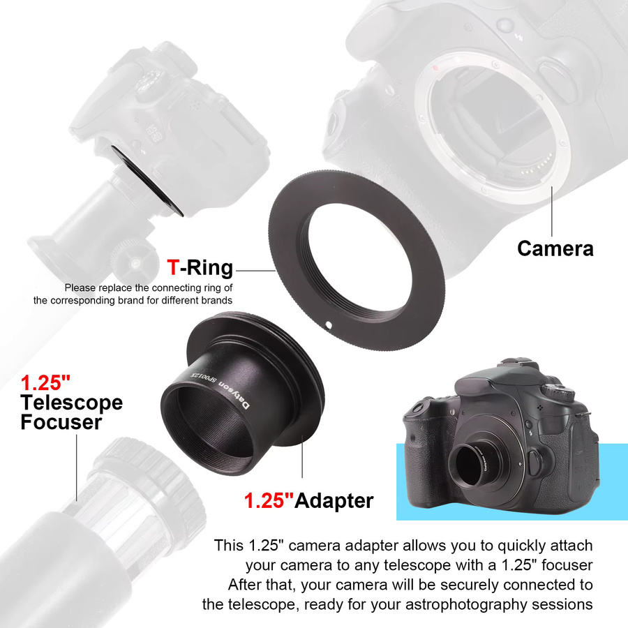Datyson Teleskop-Fotografie-Adapter mit M42-Kamerahalterung und 2in1-Funktion für Pentax PK DSLR in Schwarz - Bild 4