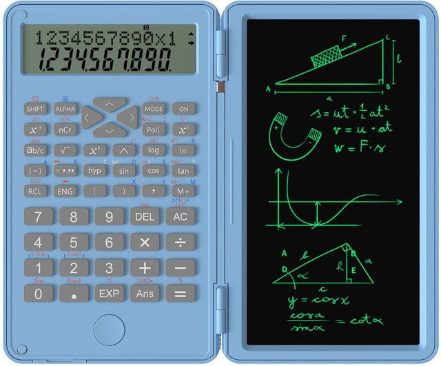 TOMTOP JMS Wissenschaftlicher Taschenrechner mit löschbarer Schreibtafel, 240 Funktionen, 2-zeiliges LCD-Display, faltbar, Blau - Bild 1