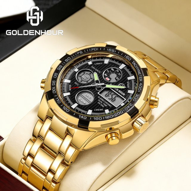 GOLDENHOUR Herren-Armbanduhr, Quarz, Edelstahl, Gold, Schwarz, Analog-Digital - Bild 1