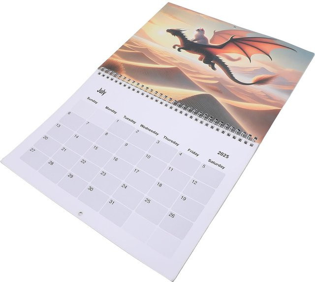 2025 Kalender Katze und Drache mit exquisiten Illustrationen, Wandkalender mit Spiralbindung, Multicolor und Weiß - Bild 1