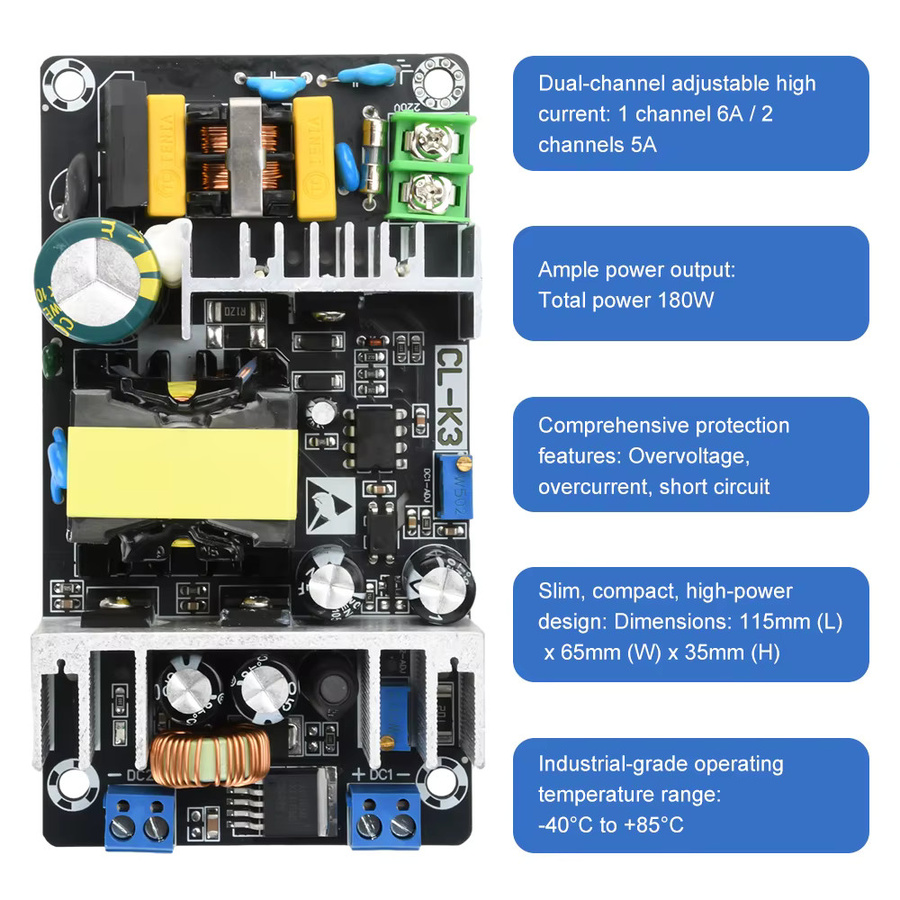 Gaqqee Hochleistungs-Industrie-Leistungsmodul Gaqqee Switch Power Board mit Dual-Ausgang 180W, einstellbar für 12V, 24V und 5V - Bild 4